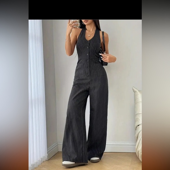 Pants - Women’s Black Pinstripe Wide-Leg Jumpsuit. M-L